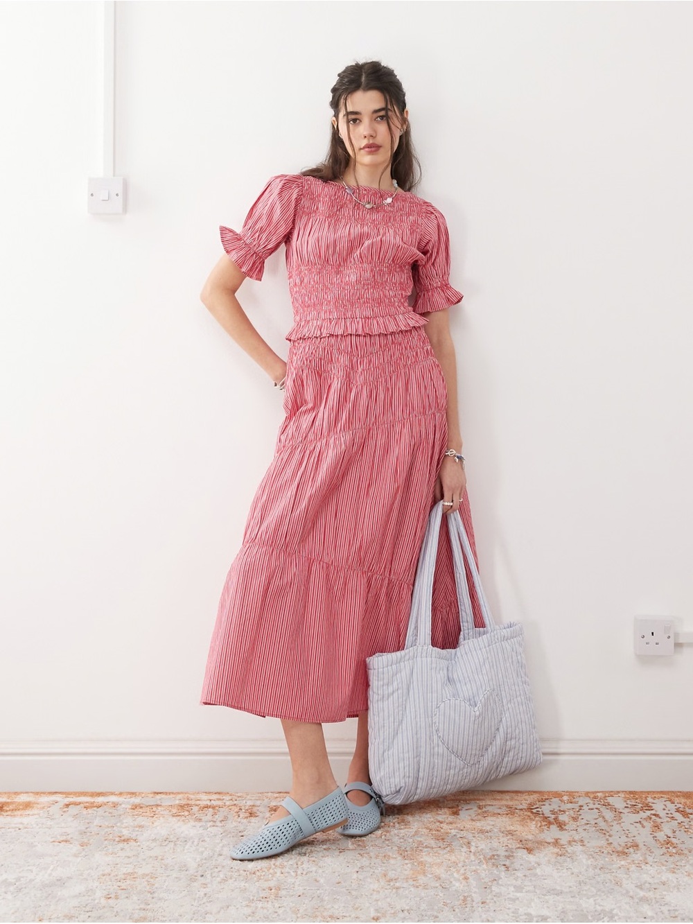 New Reclaimed Vintage midi cotton dress with puff sleeve and shirred detail